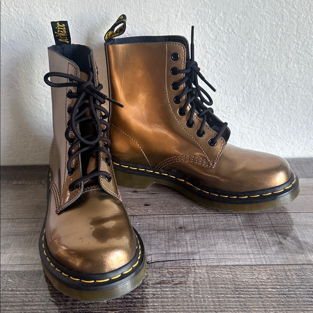 Dr. Martens 1460 Pascal Gold Metallic Patent Combat Boots in Size 7